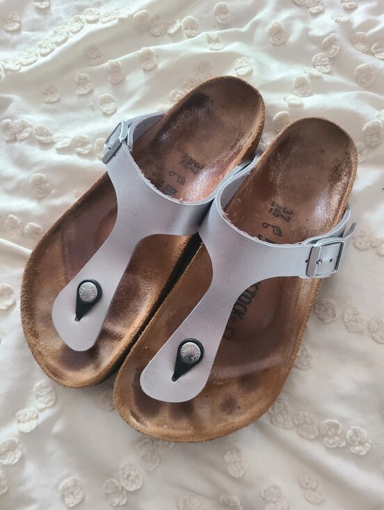 Birkenstock Shoes - Birkenstock Gizeh Womens Silver Buckle Strap Thongs Sandal sz 37